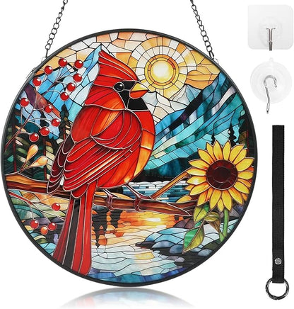 Cardinal Stained Glass Window Hanging with Sunflower, 7.9-Inch Suncatcher for Windows, Cardinal Gifts for Women, for Bird Lovers