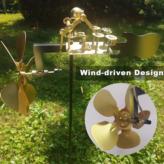 Handmade Metal Drummer Windmill – Wind-Powered Yard Art Sculpture, Garden Decor for Lawn, Patio, or Courtyard – Outdoor Percussionist Figurine Gift（Drummer-B）