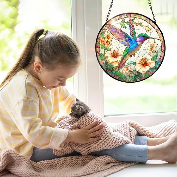 7.8 Inch Stained Glass Window Hanging Hummingbird Flower Sun Catcher Indoor Window Door Wall Yard Home Decor Bird Ornament Colorful Glass Panel Suncatcher Gifts for Women Men Mom Grandma Bird Lovers