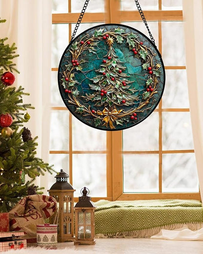 DASTOLL Stained Glass Window Hangings - Red Gold Green Wreath Suncatcher for Door Home Christmas Tree Decoration Sun Catcher Thanksgiving New Year Birthday Gift for Women Men Mom Grandma 6.3 in