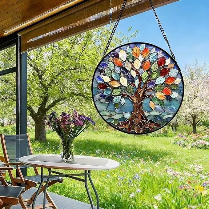 Tree of Life Sun Catcher Acrylic Suncatchers Full Cover Stained Glass Window Hanging Round Ornament Decor for Garden Indoor/Outdoor Housewarming Gift for Women Friends