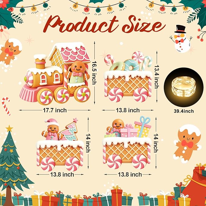 Marsui 4 Pcs Christmas Train Decoration Yard Sign with 4 LED Light Lawn Sign Christmas Pink Gingerbread Candy Gift Box Train Set with 8 Stake for Xmas Garden Outdoor Holiday Party Decor
