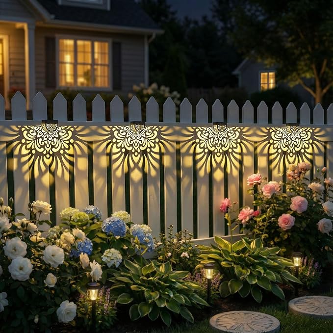 4 Pack Solar Fence Lights Outdoor Wall Lights Plastic Solar Powered Deck Step Stair Lights Mandala Theme Waterproof Fence Solar Light for Garden Post Patio Yard Decor, Gardening Gifts for Women Mom