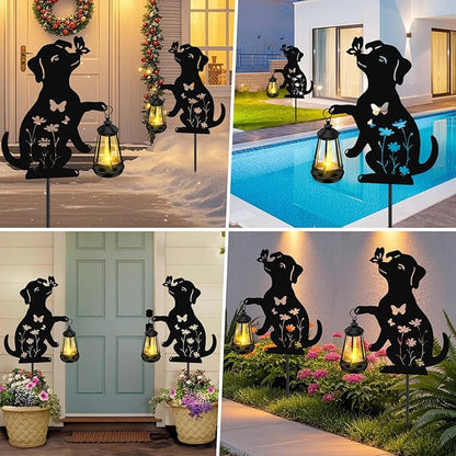 ZFNN Solar Garden Statues Dog Decor - Outdoor Metal Lantern Silhouette Stake, Waterproof Solar Lights for Yard Patio Lawn Pathway Art Decoration, Unique Gardening Gifts for Women Mom Dog Lovers