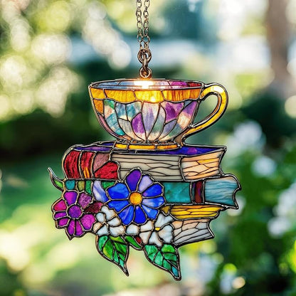 Books Teacup Handmade Artisan Resin Sun Catcher, Book Suncatchers for Window Hanging, Bookish Gifts for Readers Book Lovers Bookworm, Gift for Mother's Day, Women, Mom, Wife, Grandma