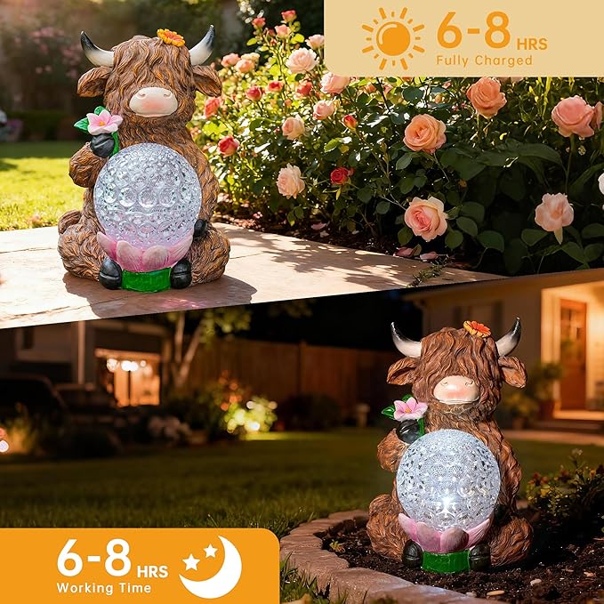 Highland Cow Garden Decor Solar Garden Lights, Highland Cow Outdoor Statue with LED Crystal Ball Waterproof for Outdoor,Lawn,Patio,Highland Cow Gifts