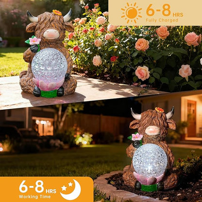 Highland Cow Garden Decor Solar Garden Lights, Highland Cow Outdoor Statue with LED Crystal Ball Waterproof for Outdoor,Lawn,Patio,Highland Cow Gifts