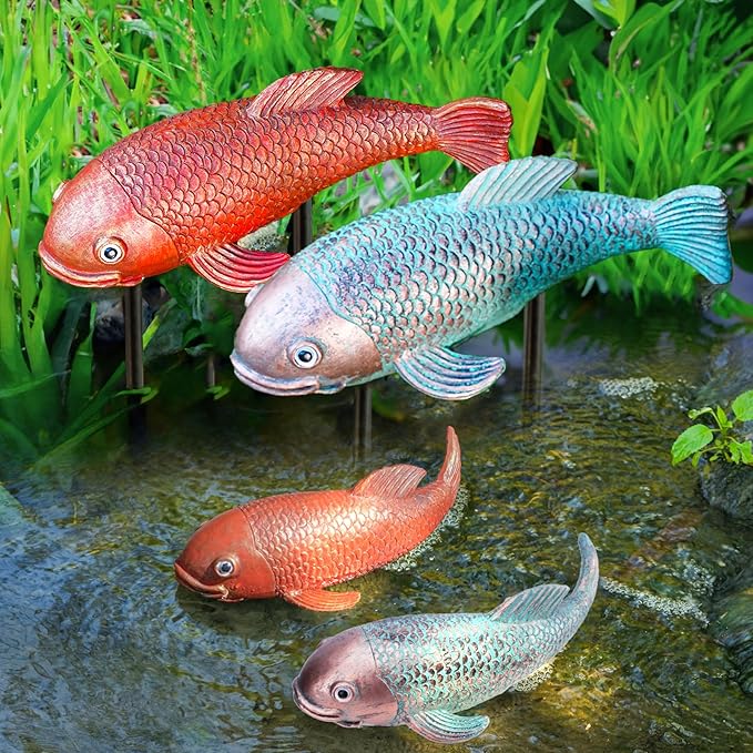 Teaeeno Antique Ceramic Koi Fish Garden Statues - Set of 2 | Exquisite Fish Sculptures for Outdoor, Patio, Pond, and Garden Decorations (Color)