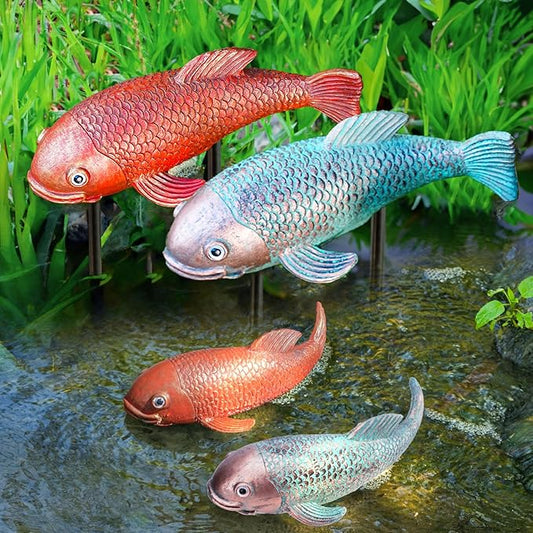 Teaeeno Antique Ceramic Koi Fish Garden Statues - Set of 2 | Exquisite Fish Sculptures for Outdoor, Patio, Pond, and Garden Decorations (Color)