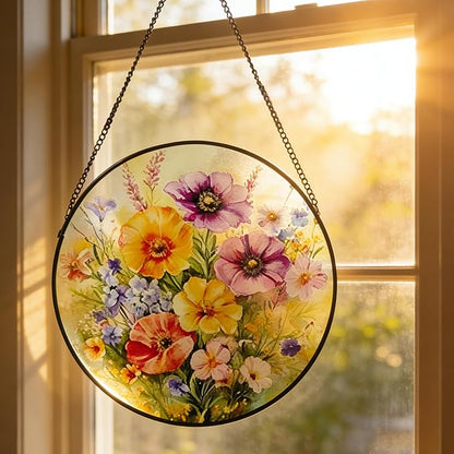 Stained Glass Window Hanging, 9.8 Inch Poppy & Wildflower Suncatcher for Window Hanging, Vibrant Glass Art for Garden Home Window Decor, Gift for Mom, Grandma, Wife, Nana