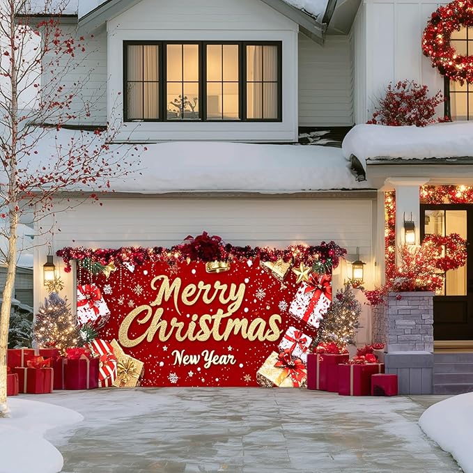 IVN Christmas Garage Door Cover Decoration 13x6ft Red Glitter Wrapped Gifts Golden Bells Snowflakes Merry Christmas Winter Garage Door Banner Home Door Front Yard Decor for Xmas Eve Holiday Outdoor