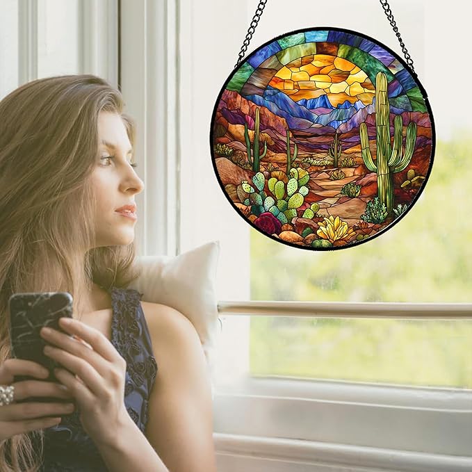 Stained Glass Window Hanging Cactus Mountains Landscape 9.8" - Suncatcher Door Garden Sunroom Sun Catcher Home Decor Birthday Christmas for Mom Men Woman Nana