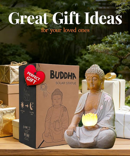 Nacome Solar Buddha Garden Statue Decor: Resin Zen Decor Waterproof Sitting Figurine with Lotus Flower Light Design for Outside Patio Lawn Yard Balcony - 8.3 inches(White)