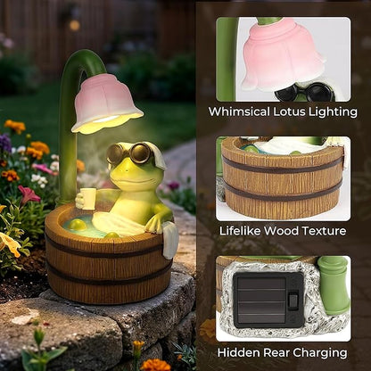MXwcy Solar Garden Lights Frog Statue, 6.3" Resin Bath Frog Figurine Cute Frog Stuff Solar Garden Decor Accessory for Patio Yard Lawn, Frog Gifts for Women Mom Grandma