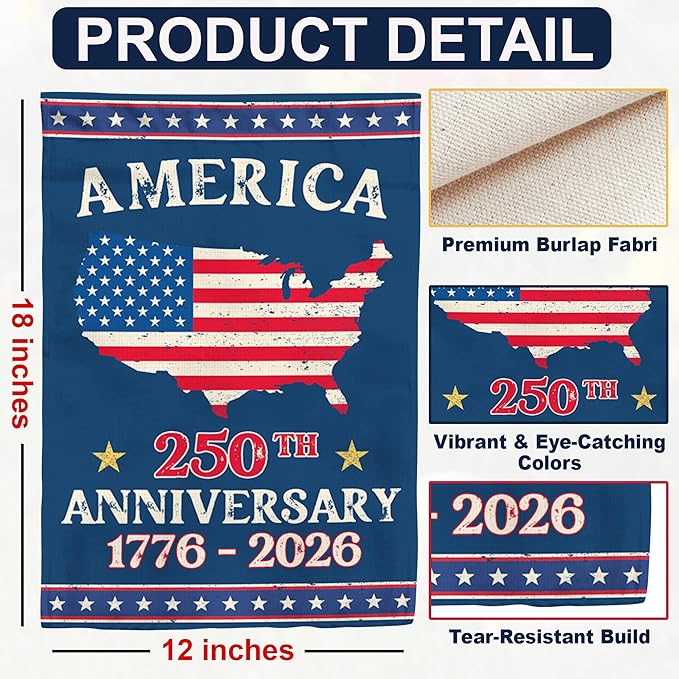250th Anniversary America USA Garden Flag for Outside, USA Map 250 Years of Freedom 1776-2026 Patriotic Double-Sided Waterproof Yard Flag 12x18 Inch for 4th of July Memorial Day Outdoor Deco