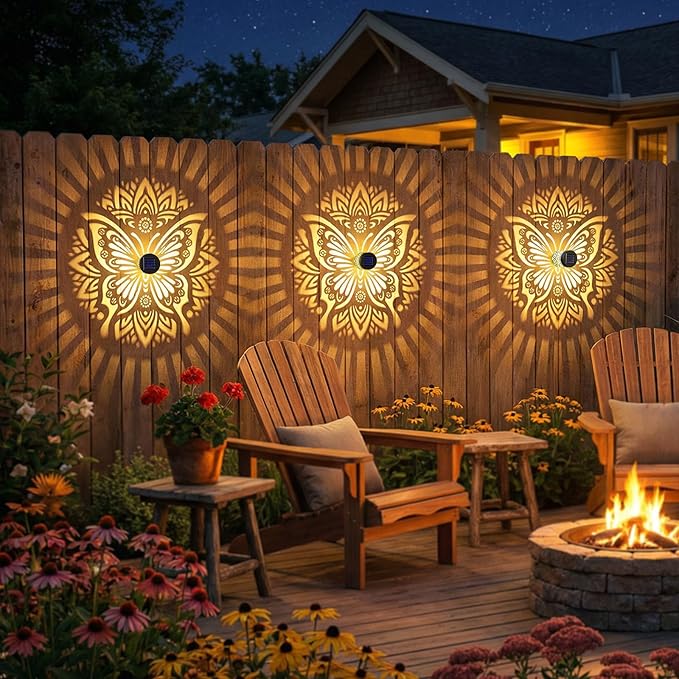 2 Pack Solar Fence Lights Metal Solar Powered Outdoor Wall Deck Step Lights Butterfly Mandala Theme Waterproof Fence Light for Garden Post Patio Backyard Yard Decor, Gardening Gifts for Women Mom