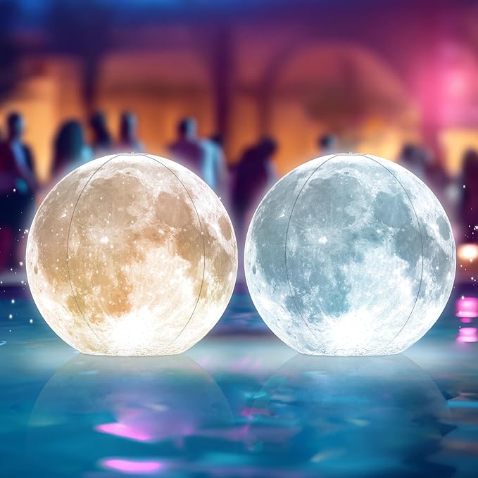 TIALLY Full Moon Floating Pool Lights Solar Powered - 14" Inflatable PVC Light Up Pool Balls for Swimming Pool, Solar Pool Lights that Float, Pool Owners (2 Pack)
