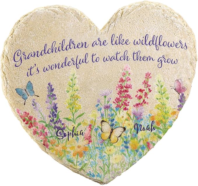 Fox Valley Traders Custom Grandchildren Wildflowers Garden Stone, 100% Resin, Outdoor Décor - Measures 10" x 9 1/2", 2 Names