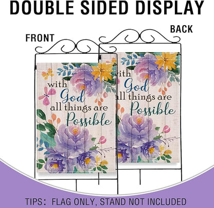 Artofy with God All Things are Possible Christian Large Decorative House Flag, Spring Summer Religious Purple Peony Flower Yard Garden Outside Decor, Inspirational Farm Outdoor Home Decoration 28 x 40
