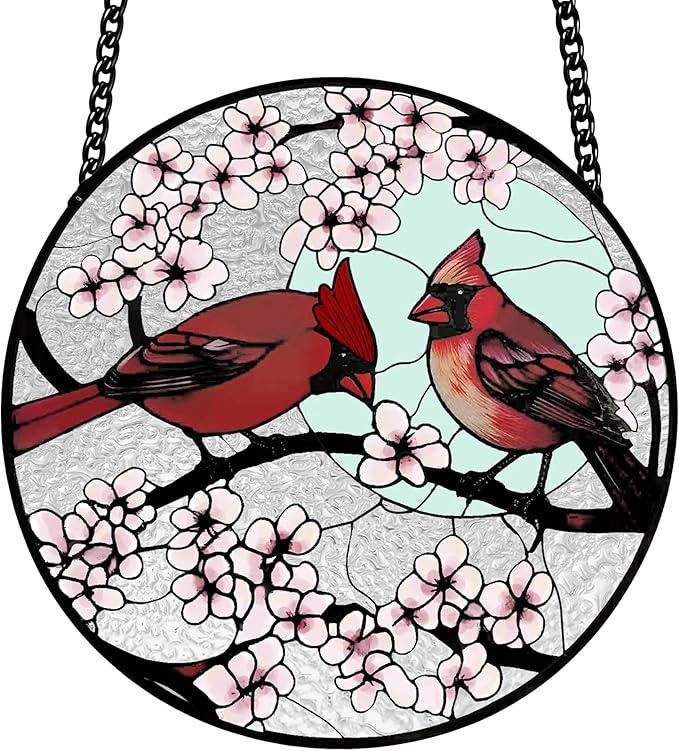 Stained Glass Window Hanging, Cardinal Sun Catcher Glass Panel with Metal Chain, Red Suncatcher Decor for Women, Men, Wife, Aunt, Lovers Birthday 7.8 in