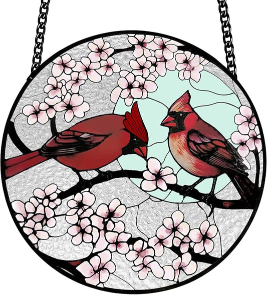 Stained Glass Window Hanging, Cardinal Sun Catcher Glass Panel with Metal Chain, Red Suncatcher Decor for Women, Men, Wife, Aunt, Lovers Birthday 7.8 in