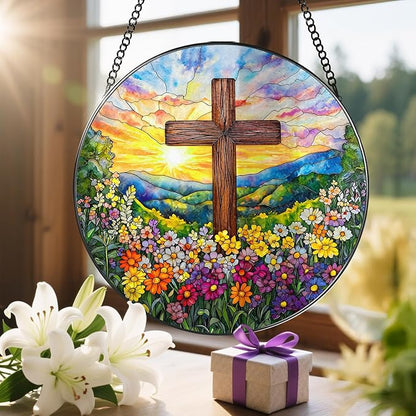 8'' Religious Cross Ornament, Stained Glass Window Hanging, Sun Catcher Window Decor, Christian Holiday Decor, Cross Gifts, Baptism Gifts, Religious Gift, Christian Gift