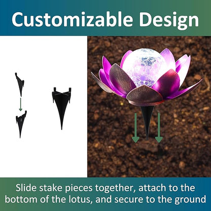 MCSLOTUS-V Violet Lotus Flower Solar LED Garden Light with Crackled Glass Globe – Waterproof Metal Outdoor Décor