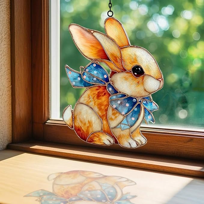 Vivid Bunny Mosaic Art Accent Acrylic Suncatcher Stained Glass Effect Window Car Hanging Christmas Ornament Indoor Outdoor Decor Garden Sun Catcher Panel for Easter Lover for Women Mom Grandma