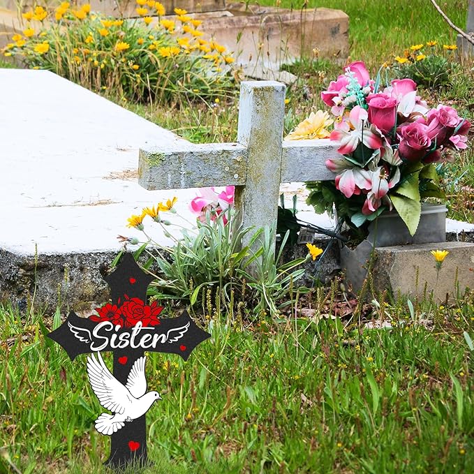 Rngmsi Cross Grave Decorations for Cemetery, Sympathy Memorial Stakes for Loss of Sister, Metal Grave Markers for Cemetery for Sister Outdoors Yard Garden (12 X 7.5 Inches)