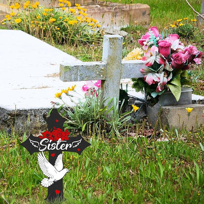 Rngmsi Cross Grave Decorations for Cemetery, Sympathy Memorial Stakes for Loss of Sister, Metal Grave Markers for Cemetery for Sister Outdoors Yard Garden (12 X 7.5 Inches)