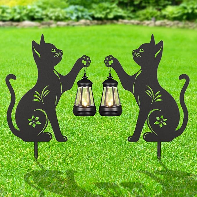 Doorkeer 2Pack Solar Outdoor Garden Lights Stakes Metal Cat Lawn Deco Statue Black Cat Patio Garden Decorative Stakes with Solar Lantern Christmas Birthday Gifts for Women Mom and Grandma