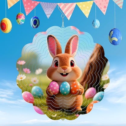 Rabbit Metal Wind Spinner for Garden, Rabbit Eggs Gifts for Easter Women Men Mother Father, 12 Inch Hanging Wind Spinner for Outdoor & Indoor Decorations