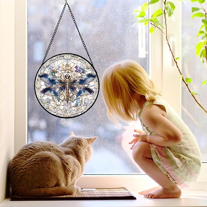 DASTOLL Stained Glass Window Hanging, Dragonfly Flower Suncatcher for Doors Home Sun Catchers Decoration and Christmas, Mother's Day Birthday Gifts for Women, Men, and Mom 7.8 in