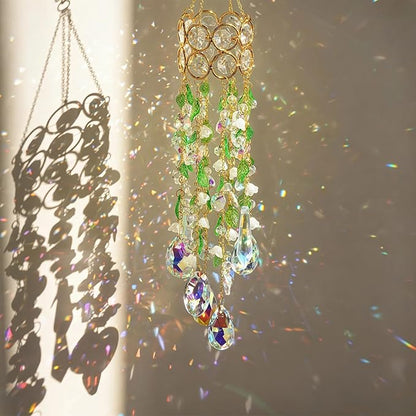 HDCRYSTALGIFTS 15.5 Inch Crystal Suncatcher for Window Hanging Gold-Plated Glass Wind Chimes Sun Catcher with Leaf Flower Beads Chain Rainbow Maker Spring Ornaments for Indoor Outdoor Garden