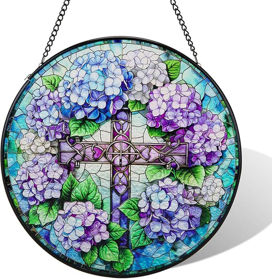 Suncatcher Stained Glass Window Hanging - Cross Glass Panel with Metal Chain and Hooks Handmade Sun Catcher Decoration for Window Garden Home Christmas & Birthday Gifts