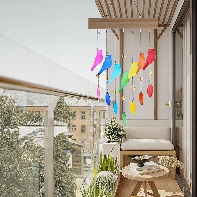 Colorful Glass Wind Chimes for Outdoor Garden & Patio - Handcrafted Bird Design Windchime, Perfect Housewarming Gift for New Home
