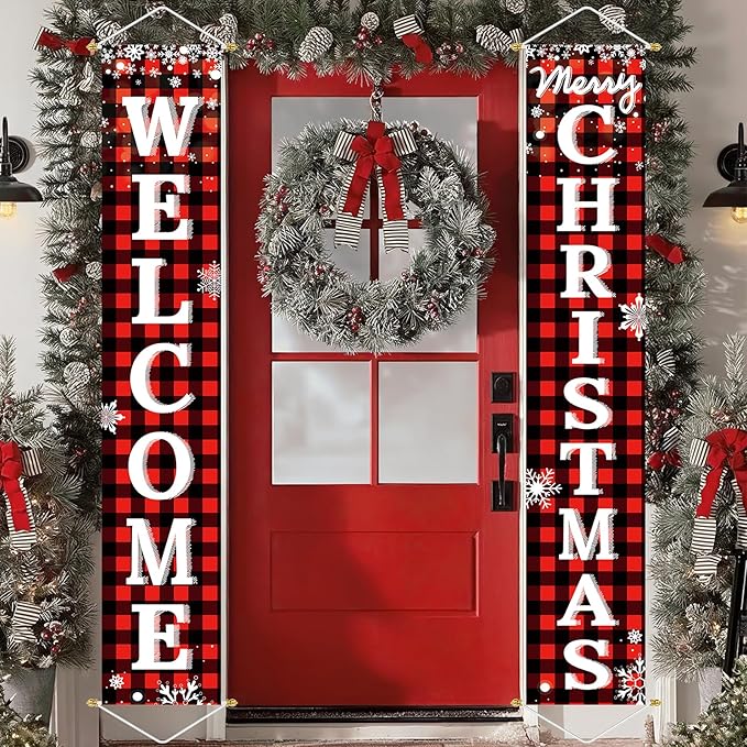 Ivenf Outdoor Christmas Decorations Yard: Red Black Buffalo Plaid Front Porch Sign Set, Hanging Welcome Merry Christmas Decorations for Home, Indoor Outdoor New Year Xmas Wall Front Door Yard Décor