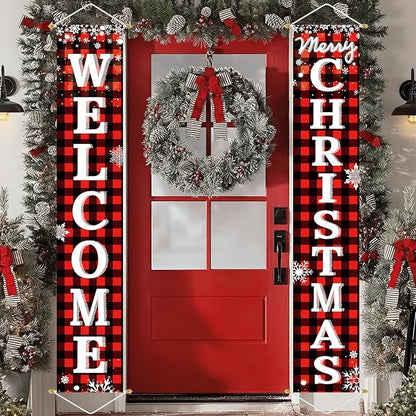 Ivenf Outdoor Christmas Decorations Yard: Red Black Buffalo Plaid Front Porch Sign Set, Hanging Welcome Merry Christmas Decorations for Home, Indoor Outdoor New Year Xmas Wall Front Door Yard Décor