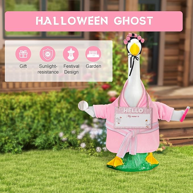 Winter Porch Goose Outfit for 23'' Cement Plastic Geese Statue, Pretty Lady Goose Outfit Clothes, Pink Bathrobe Lipstick Mirror for Outdoor Garden Lawn Yard Patio Decoration