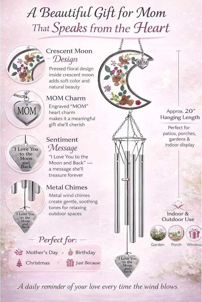 Mom Wind Chimes with Pressed Flowers - Colorful Floral Hanging Chime for Mom - Mother’s Day, Birthday for Mother - Decorative 20 Inch Outdoor or Indoor Mom Gift
