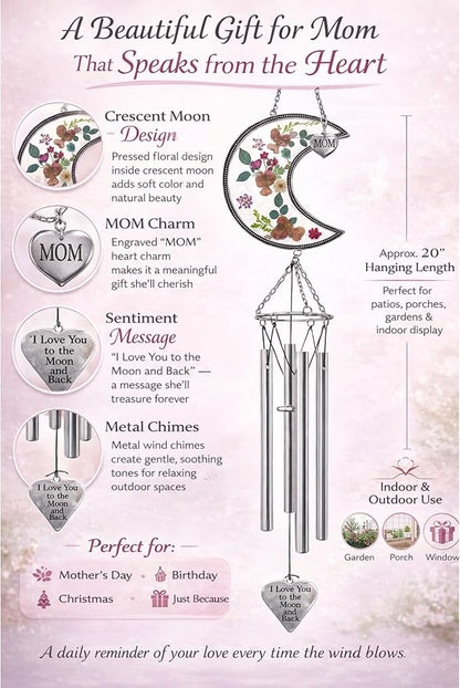 Mom Wind Chimes with Pressed Flowers - Colorful Floral Hanging Chime for Mom - Mother’s Day, Birthday for Mother - Decorative 20 Inch Outdoor or Indoor Mom Gift