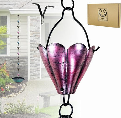 U-nitt Rain Chain Water Collection for Gutters Rainwater Catcher & Diverter, 8.5 FT Chains for Outside Garden, Multi Color Cups, Roof Downspout, Works with Heavy Rain, w/Gutter Clip for Rainchains
