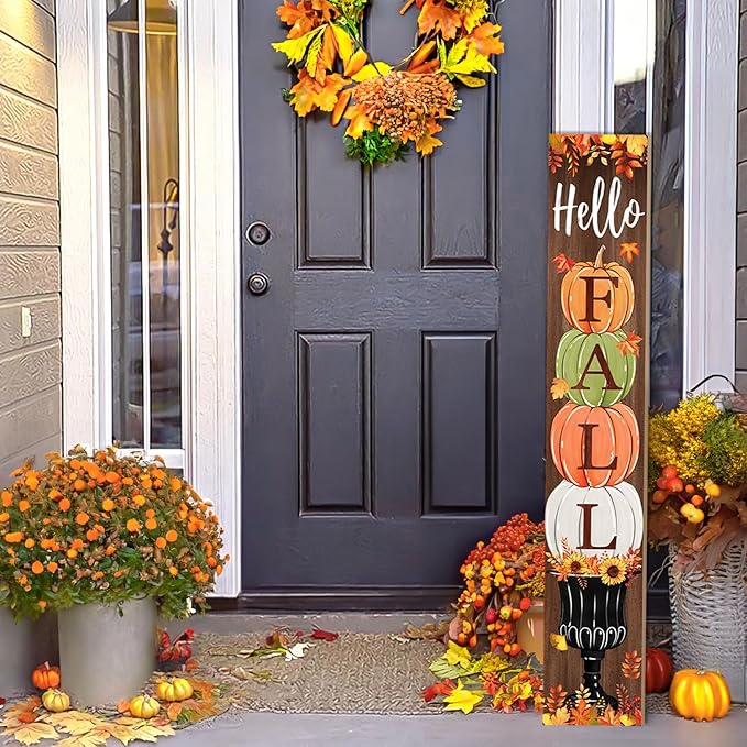 Fall Porch Sign, Hello Pumkpkin Sign for Front Porch, 3 Pumpkins Wooden Sign Yard, Vertical Wood Sign Standing for Patio Front Door Porch, Autumn Home Party Entryway Yard Wall Decor Indoor Outdoor, 47x8 inch