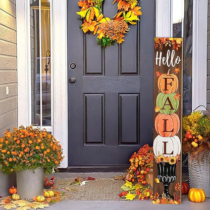 Fall Porch Sign, Hello Pumkpkin Sign for Front Porch, 3 Pumpkins Wooden Sign Yard, Vertical Wood Sign Standing for Patio Front Door Porch, Autumn Home Party Entryway Yard Wall Decor Indoor Outdoor, 47x8 inch