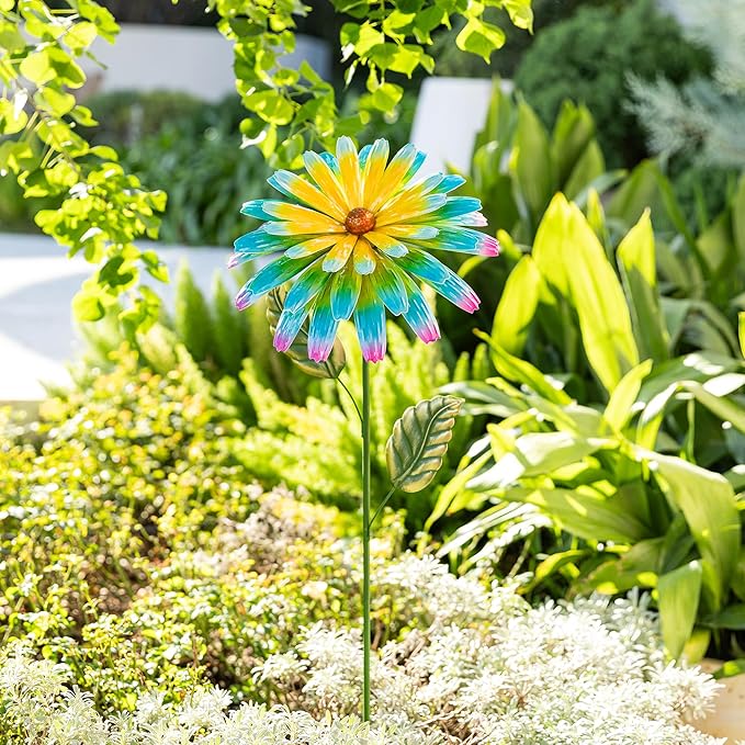 Glitzhome Metal Flower Yard Stake, 41 Inch Hand Painted Garden Flower with Blue Yellow Petals, Iron Garden Yard Spring Decor for Lawn Landscape