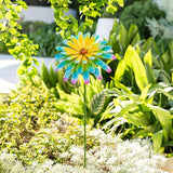 Glitzhome Metal Flower Yard Stake, 41 Inch Hand Painted Garden Flower with Blue Yellow Petals, Iron Garden Yard Spring Decor for Lawn Landscape