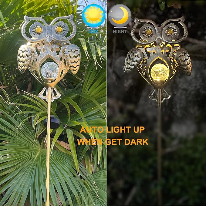 Owl Solar Garden Lights Outdoor, 40.55" Tall Iron Metal Yard Art, Weatherproof Pathway Stakes for Patio Lawn, Unique Owl Statue with Warm LED for Fence Plant Pot Decoration