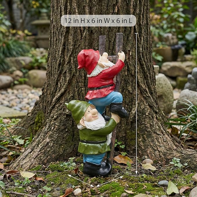 Elenon Funny Gnomes on Ladders Garden Statue, Gnomes Climbing Tree Figurine, Resin Outdoor Yard Lawn Decor, Cute Whimsical Patio Ornament for Garden, Porch, Backyard Decoration