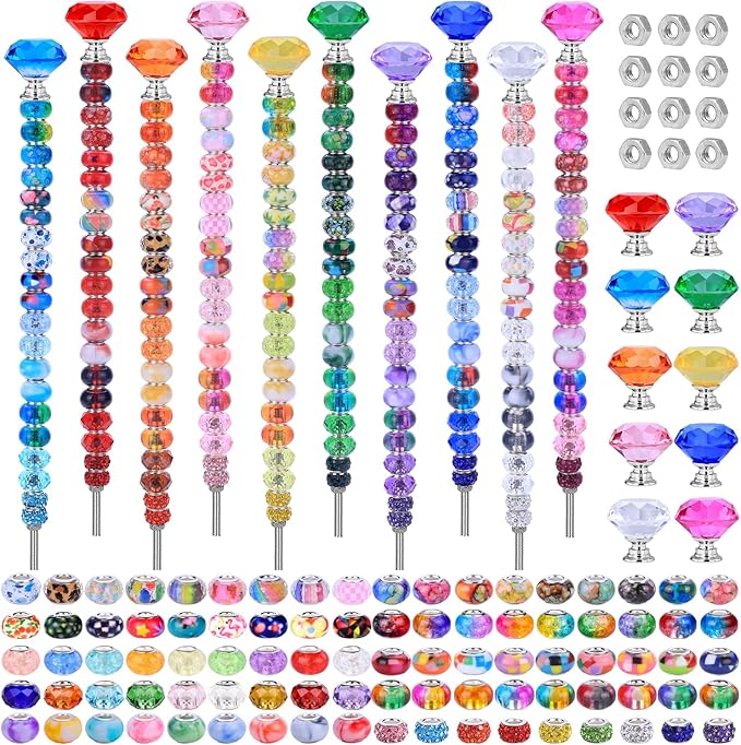 AIPRIDY DIY Fairy Wand Garden Stake Beads Kits with Rainbow Colorful Assortment Large Hole Beads, Beaded Garden Stakes kit with Crystal Diamond Top (238Pcs Rainbow+Diamond)