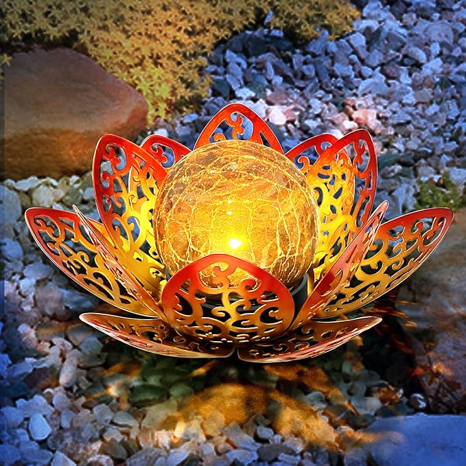 2 Pack Solar Lights Outdoor Garden 6.3 " Glass Lotus Lamp Waterproof LED Metal Flower Lights Outdoor Garden Table Decor for Outside Balcony, Patio, Deck, Porch, Walkway
